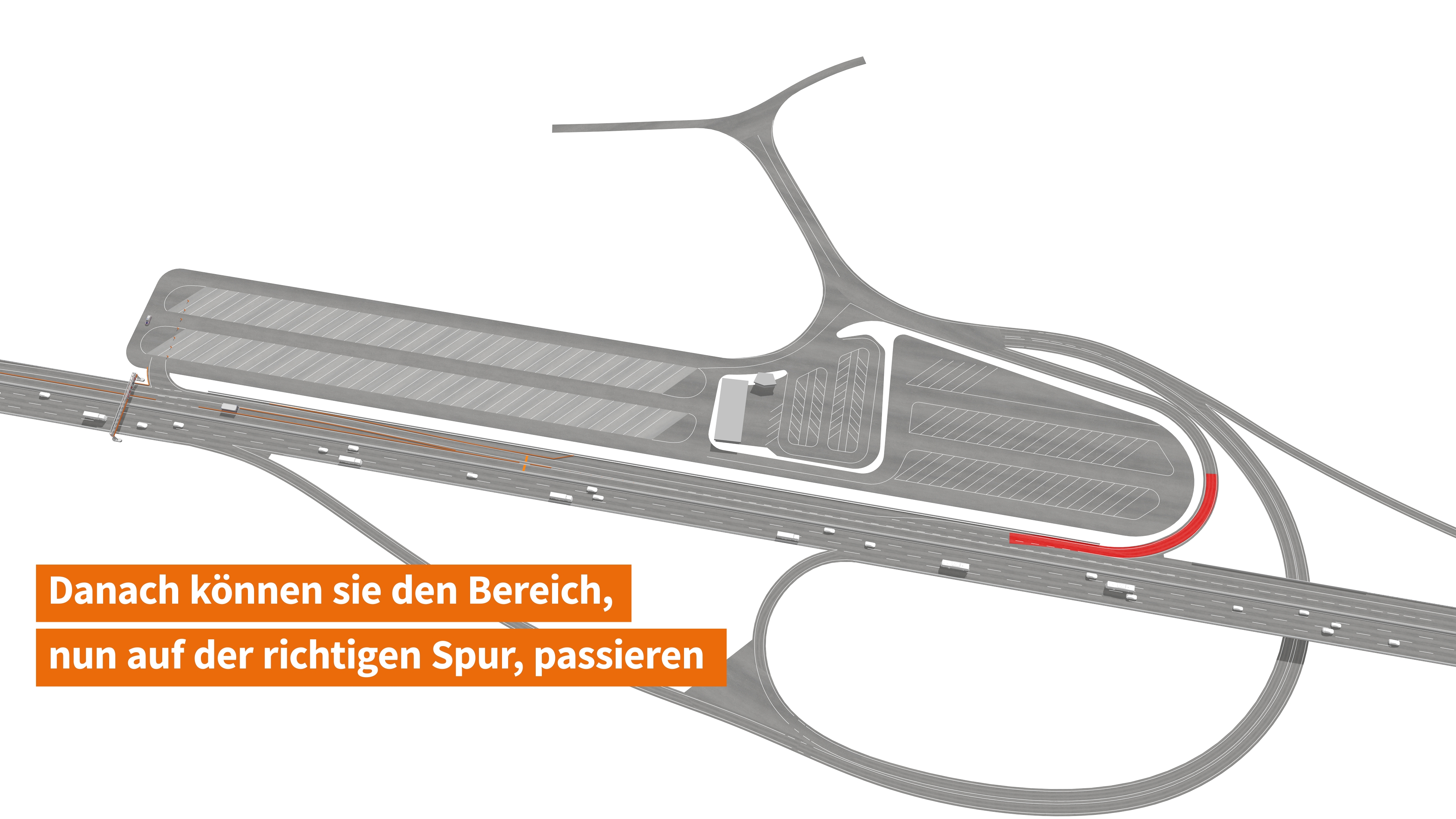 Die Fahrzeuge werden über ein lokales Leitsystem wieder in die korrekte Fahrspur eingegliedert.